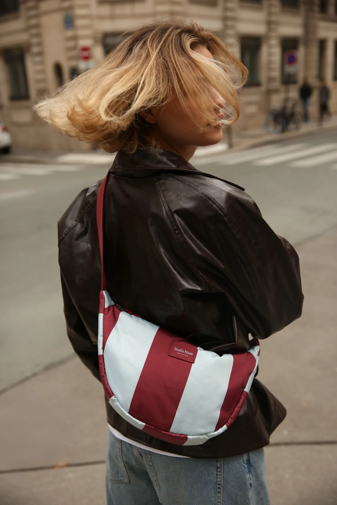 Bold Stripe Adult Fanny Pack | Bordeaux/Light Blue - Image 2
